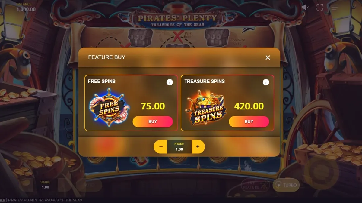 Kapal bajak laut di tengah badai dalam slot Pirates’ Plenty: Treasures of the Seas