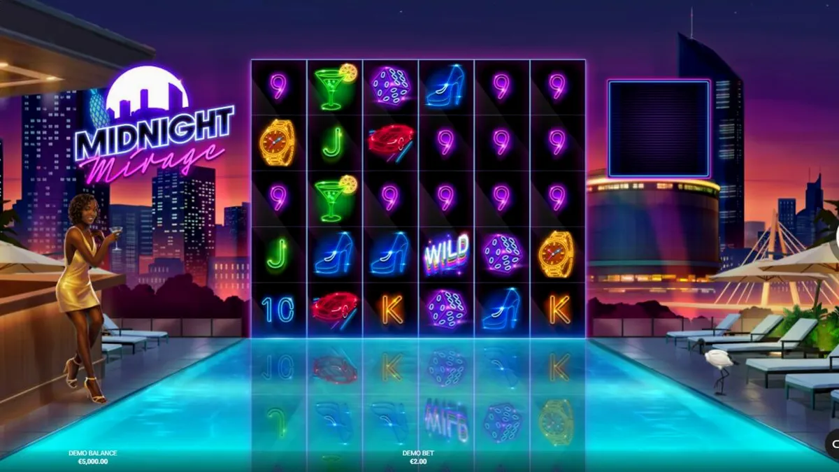 Tampilan visual neon dari slot Midnight Mirage dengan latar belakang pemandangan kota malam hari.