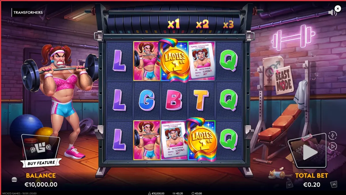 Tampilan visual slot Transformers dengan estetika neon-noir dan karakter Brosephine.